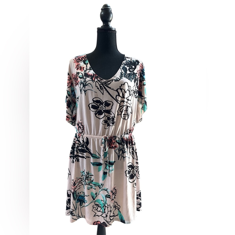 Floral Tie Back Dress Short Sleeve Waist Cinch Boho Style‎ Medium EUC